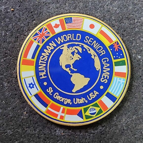 St. George UT Huntsman World Senior Olympic Games Enamel Lapel Pin Flag Trim - Picture 1 of 3